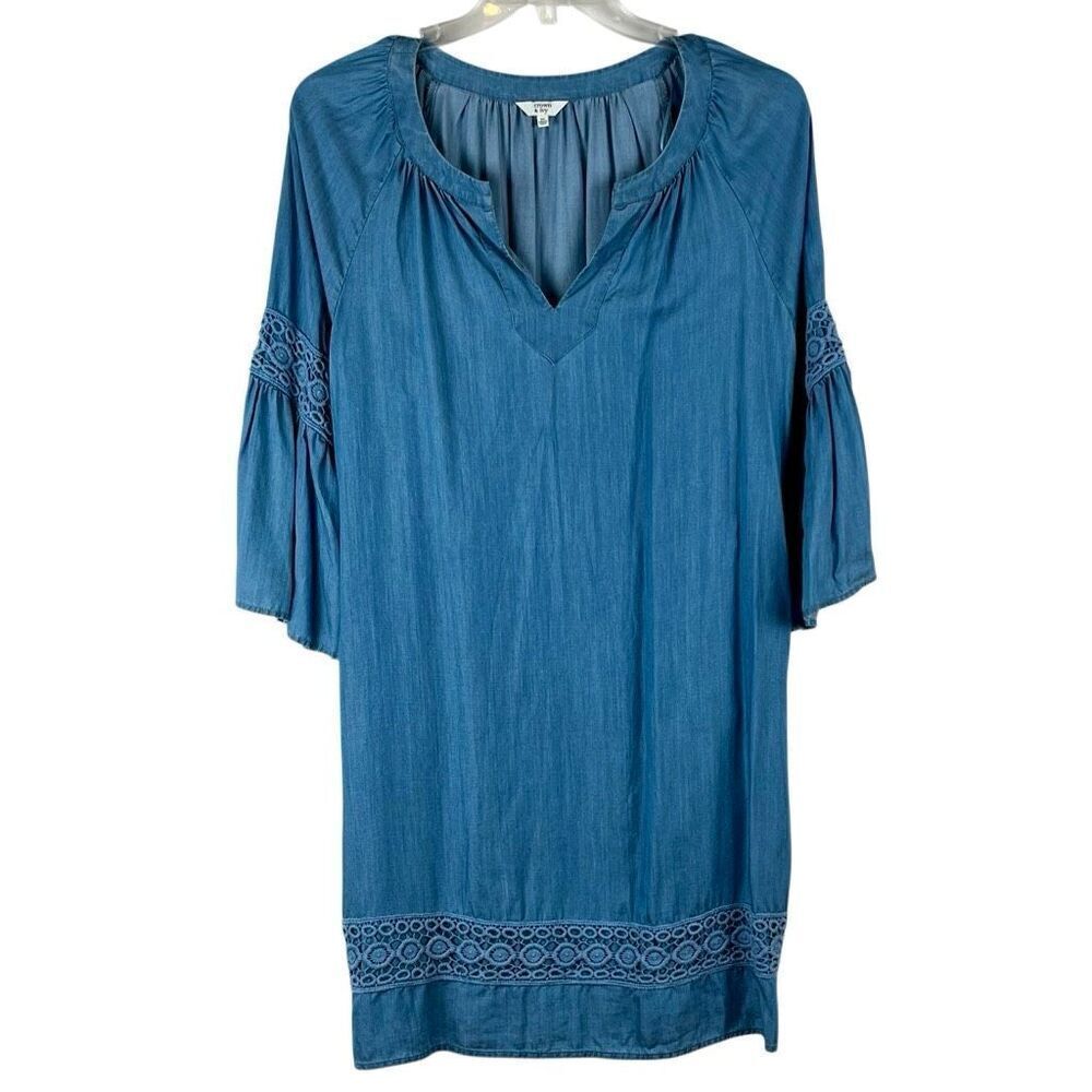 Crown & Ivy Blue V-neck Bell 3/4 Sleeve Denim Dress XL